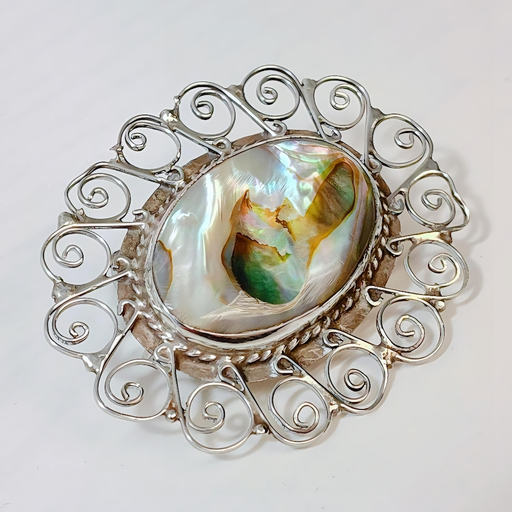 Vintage Mexico Sterling Filigree Abalone Shell Brooch Pin Necklace Pendant